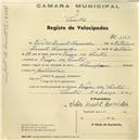Registo de velocípede de marca Champion, com o nº 1150, em nome de Vítor Duarte Lavrador, morador em Várzea de Sintra.