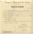 Registo de velocípede de marca V.N., com o nº 8031, em nome de Vítor José d'Azevedo Névoa, morador em Rua José Antunes dos Santos, Sintra.