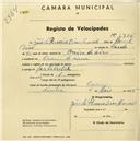 Registo de velocípede com o nº 1706, em nome de João do Rosário Dias Amado, morador em Cacém de Cima.