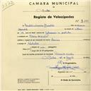 Registo de velocípede com o nº 2160, em nome de Cândido Saraiva Brandão, morador em Ribeira de Sintra.