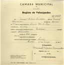 Registo de velocípede de marca Mauritania, com o nº 2427, em nome de Manuel Estêvão Fernandes, morador em Sintra.