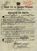 Boletim de óbito de João Francisco Jorge, morador em Sintra, sepultado no coval nº 7075, do cemitério de S. Marçal.
