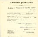 Registo de um veiculo de duas rodas tirado por um animal de espécie muar destinado a transporte de mercadorias em nome de Vicente Manuel Adrião, morador em Fação.