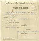 Registo de velocípede de marca Oriental, com o nº 8201, em nome de Maria A. F. Severo de Oliveira, moradora em Sintra.