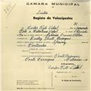 Registo de velocípede de marca Sprinter, com o nº 702, em nome de Carlos Pato Vidal, morador em Ponte de Carenque, Queluz.