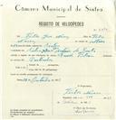 Registo de velocípede de marca Famel, com o nº 8352, em nome de Vítor José Névoa, morador em Rua José Antunes dos Santos, Sintra.