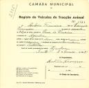 Registo de um veiculo de duas rodas tirado por um animal de espécie asinina destinado a transporte de mercadorias em nome de António Francisco, morador em Agualva.