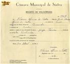 Registo de velocípede de marca J. Ferreira, com o nº 9927, em nome de Vitorino dos Santos Afonso de Castro, morador em Sintra.