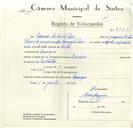 Registo de velocípede de marca Bandeira, com o nº 8962, em nome de Eduardo António Pires, morador em Carenque.