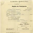 Registo de velocípede de marca Helios, com o nº 2332, em nome de Manuel Filipe Sanjoanico, morador em Maceira.