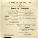 Registo de velocípede de marca L.R.S., com o nº 3887, em nome de Diogo Marques Simões, morador em Carenque.