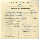 Registo de velocípede de marca Búfalo, com o nº 4270, em nome de Mário José Gonçalves, morador em Cacém.