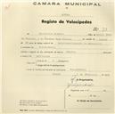 Registo de velocípede de marca Champion, com o nº 73, em nome de Salustiano Ribeiro, morador em Pero Pinheiro.