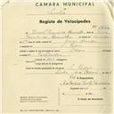 Registo de velocípede de marca Odeon com o nº 1262, em nome de Ernesto Francisco Ramalho, morador em S. Pedro de Sintra.