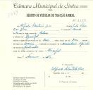 Registo de um veiculo de duas rodas tirado por dois animais de espécie bovina destinado a transporte de mercadorias em nome de Alfredo Sebastião Dias, morador no Mucifal. 
