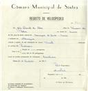 Registo de velocípede de marca Famel, com o nº 8350, em nome de João Duarte da Silva, morador em Albarraque.