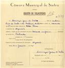 Registo de velocípede de marca Salience, com o nº 7439, em nome de Domingos Jesus de Melo, morador em Algueirão.