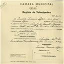 Registo de velocípede com o nº 2433, em nome de Isaura Ferreira Lopes, moradora em Avª Dr. Desidério Cambournac, Sintra.