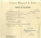 Registo de velocípede com o nº 9952, em nome de João Quaresma da Silva, morador em S. Pedro de Sintra.