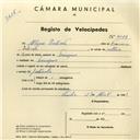 Registo de velocípede com o nº 4177, em nome de Albino Estêvão, morador em Terrugem.