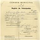 Registo de velocípede de marca Ibérica, com o nº 4174, em nome de Manuel Jorge Costa, morador em Queluz.