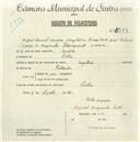 Registo de velocípede de marca Império, com o nº 5349, em nome de José Manuel M. Wangthone Simão, morador em Sintra.