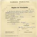 Registo de velocípede com o nº 1928, em nome de João Manuel Saturnino Moniz Maia, morador em Mucifal.