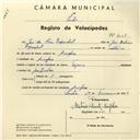 Registo de velocípede de marca Tagus, com o nº 4058, em nome de José dos Reis Espanhol, morador em Assafora.