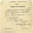 Registo de velocípede com o nº 1905, em nome de António Augusto de Carvalho, morador em Sintra.