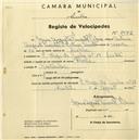 Registo de velocípede de marca Flecha, com o nº 2072, em nome de Maria Augusta Pimentel Ribeiro, moradora em Rua Veiga da Cunha nº 19, Sintra.