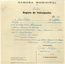 Registo de velocípede com o nº 948, em nome de José Filipe, morador em Cacem de Cima.