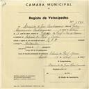 Registo de velocípede de marca B.S.A., com o nº 1575, em nome de Armindo de Jesus Cambournac, morador em Ribeira do Papel, Cacém.