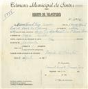 Registo de velocípede com o nº 5352, em nome de Manuel Duarte Brás Júnior, morador em Várzea de Sintra.