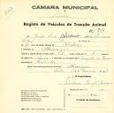 Registo de um veiculo de duas rodas tirado por um animal de espécie muar destinado a transporte de mercadorias em nome de Jorge Lise Gobierna, morador em Albarraque.