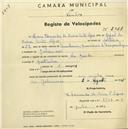 Registo de velocípede de marca La Guide, com o nº 2068, em nome de Maria Fernanda de Bivar Pinto Lopes, moradora em Galamares.