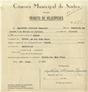 Registo de velocípede de marca Oscara, com o nº 8124, em nome de Agostinho Oliveira Sequeira, morador em Rua Sotto Mayor, Sintra.