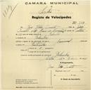 Registo de velocípede de marca Nacional, com o nº 543, em nome de José João Duarte, morador em Bolembre.