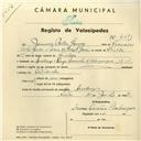 Registo de velocípede com o nº 4271, em nome de Januário Salles Gomes, morador em Largo Mousinho de Albuquerque, nº 11, Queluz.