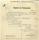Registo de velocípede de marca Phillips, com o nº 122, em nome de Bruno Antunes Santos Moreira, morador em Sintra.