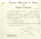 Registo de velocípede de marca Ciclux, com o nº 9146, em nome de Eduardo Teixeira de Barros, morador em Bairro Novo, Cacém.