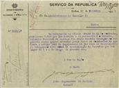 Ofício dirigido ao Administrador do Concelho de Sintra, proveniente do Chefe do Distrito de Recrutamento e Reserva nº 1, Coronel João Nepomuceno de Freitas, solicitando que o mancebo Belchior Ferreira da Costa entregue no regimento onde quiser assentar praça todos os documentos.