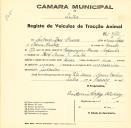 Registo de um veiculo de duas rodas tirado por um animal de espécie muar destinado a transporte de mercadorias em nome de António Lopes Alvares, morador no Hotel Nunes em Sintra .