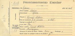 Recenseamento escolar de Maria António, filha de Romão António, moradora em Almoçageme.
