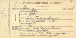 Recenseamento escolar de Artur Amaral, filho de Júlio Teixeira Amaral, morador na Praia das Maças.