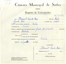 Registo de velocípede de marca Ilo, com o nº 9044, em nome de Manuel Duarte Raio, morador em Sintra.