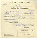 Registo de velocípede de marca Pombal, com o nº 3708, em nome de Jorge Rafael dos Santos Pereira, morador em Sabugo.