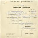 Registo de velocípede de marca Olympique, com o nº 902, em nome de Vasco António Dias, morador em Dona Maria.