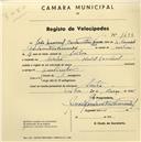 Registo de velocípede com o nº 1438, em nome de João Manuel Constantino Fernandes, morador no Hotel Central, Sintra.
