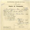 Registo de velocípede de marca Atlântica Paris, com o nº 3827, em nome de Ernesto Domingos Rosa, morador em Areias.