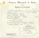 Registo de velocípede de marca Sachs, com o nº 9115, em nome de Armando Joaquim Leal, morador em Vinagre.